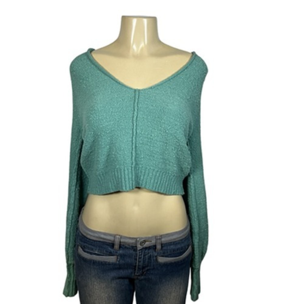 Free People Sweater Womens XS Green Cropped V Neck Textured Knit Pullover